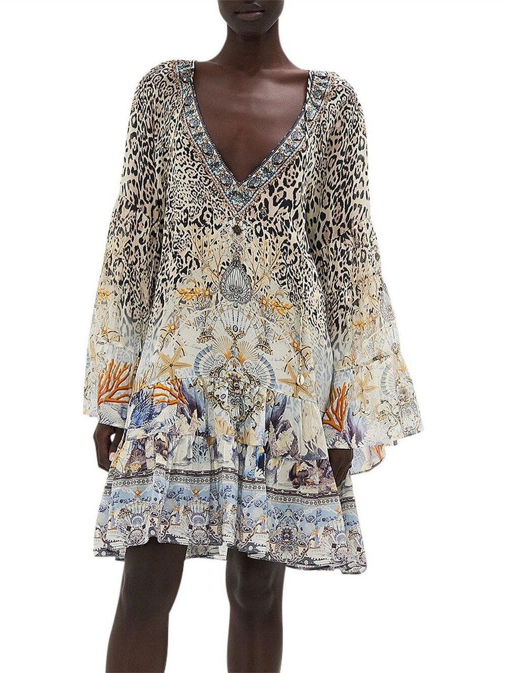 Camilla A-Line Gathered V Neck Panel Mini Dress In The Seahorse Sonnet